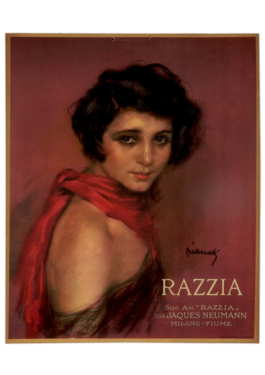 ritratto a mezzo busto di donna con scialle rosso al collo (calendario) di Bianchi Alberto (sec. XX)