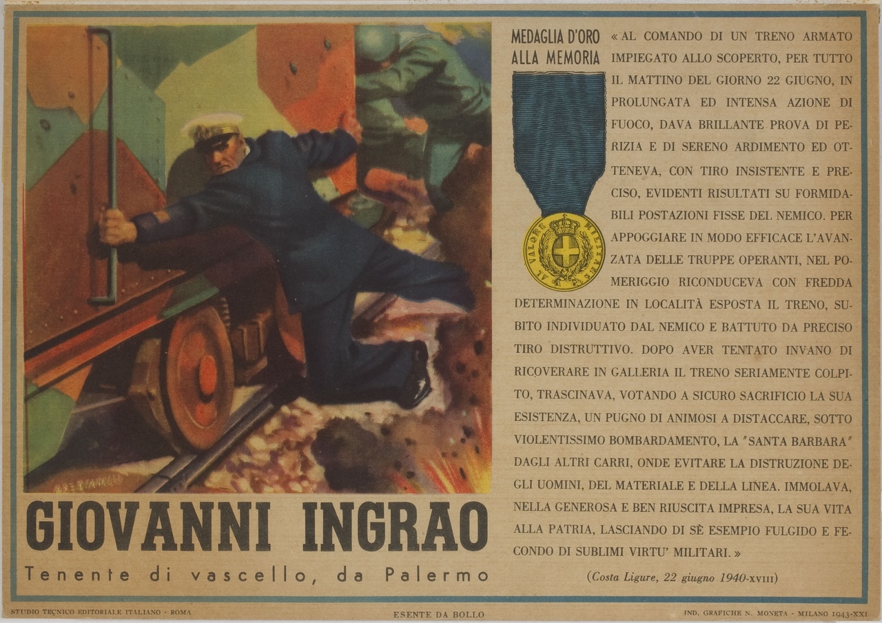 Giovanni Ingrao tenta di ricoverare in galleria il treno armato dopo uno scontro con le truppe francesi (locandina) di Albertarelli Rino (sec. XX)