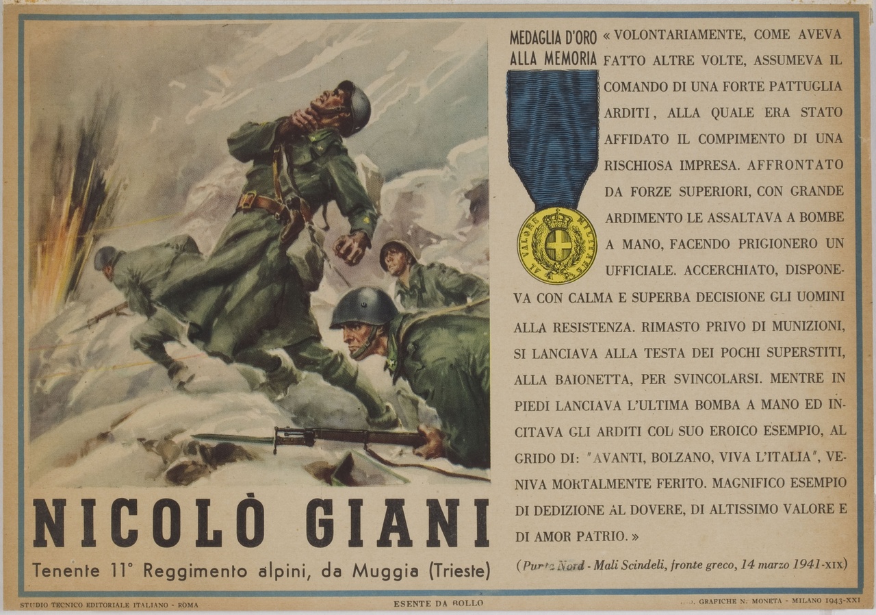 Nicolò Giani muore in battaglia nell'atto di lanciare una granata (locandina) - ambito italiano (sec. XX)