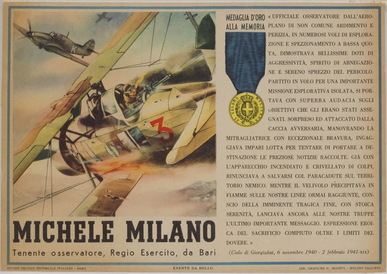 Michele Milano si difende dagli aerei nemici e trasmette informazioni strategiche (locandina) - ambito italiano (sec. XX)