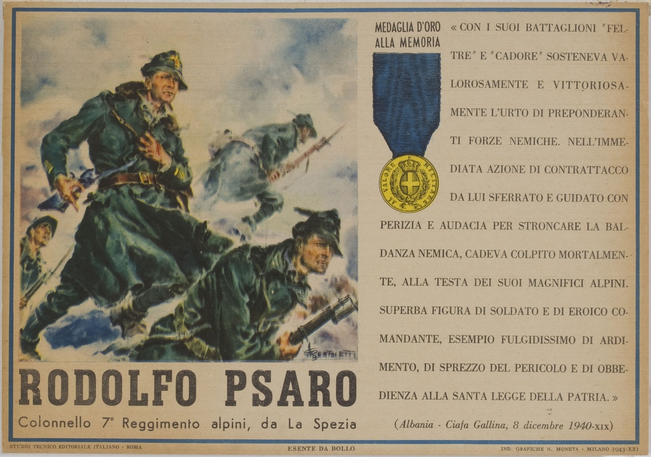 Rodolfo Psaro colpito a morte alla guida degli Alpini in un'azione di contrattacco (locandina) di Bertoletti Giulio (sec. XX)