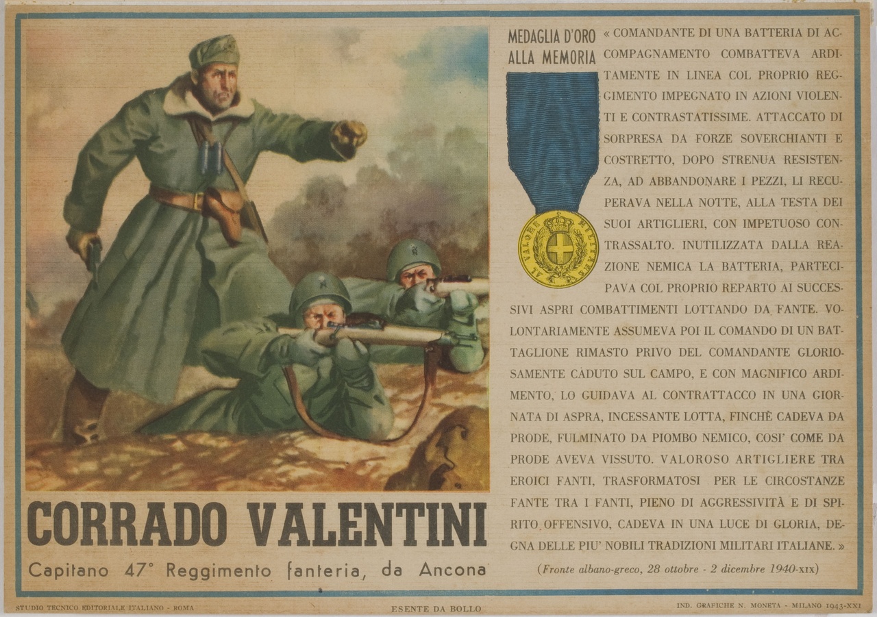 Corrado Valentini guida la fanteria nella battaglia (locandina) - ambito italiano (sec. XX)