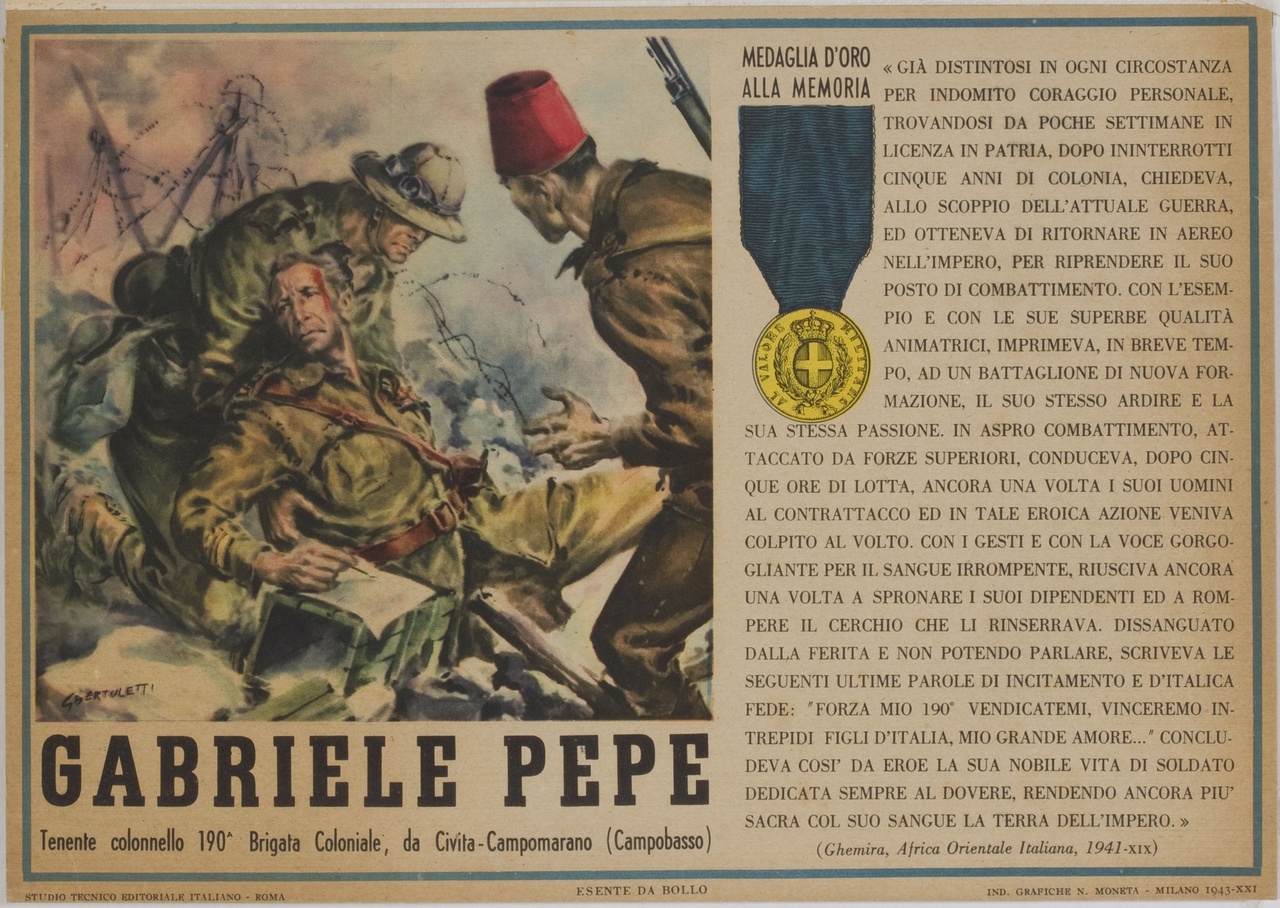 Gabriele Pepe dissanguato scrive le ultime parole di incitamento per la sua brigata (locandina) di Bertoletti Giulio (sec. XX)