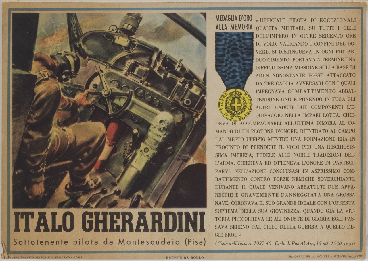 Italo Gherardini ferito e morente all'interno dell'aereo che conduceva durante una missione (locandina) - ambito italiano (sec. XX)