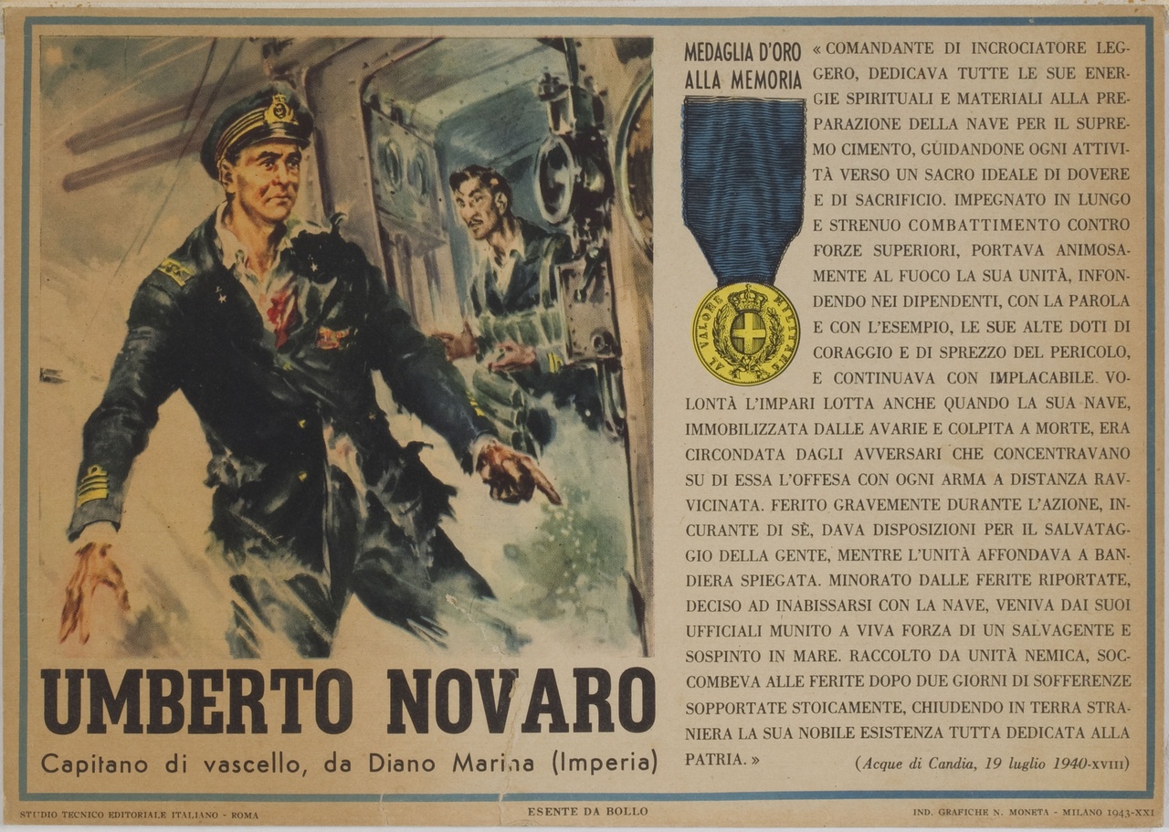 Umberto Novaro ferito all'interno della nave da lui comandata durante un combattimento (locandina) - ambito italiano (sec. XX)