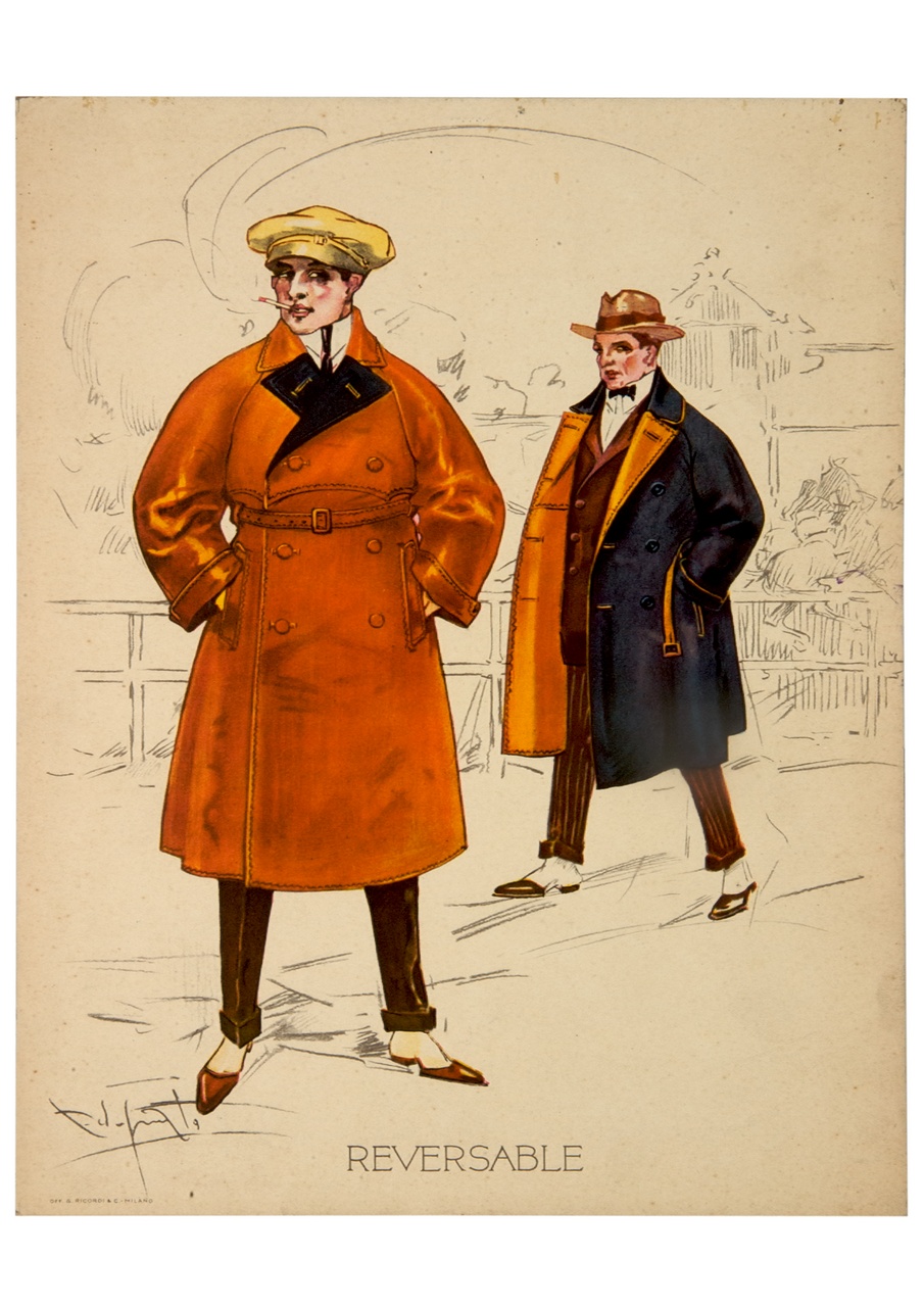 due uomini con cappotto reversibile (locandina) di Codognato Plinio (sec. XX)