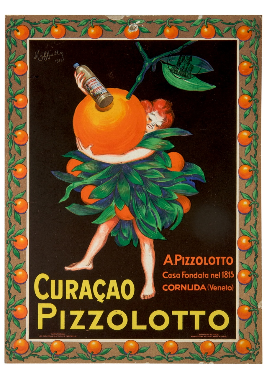 figura femminile coperta di foglie e di laraha abbraccia un grande frutto ed impugna una bottiglia (locandina) di Cappiello Leonetto (sec. XX)