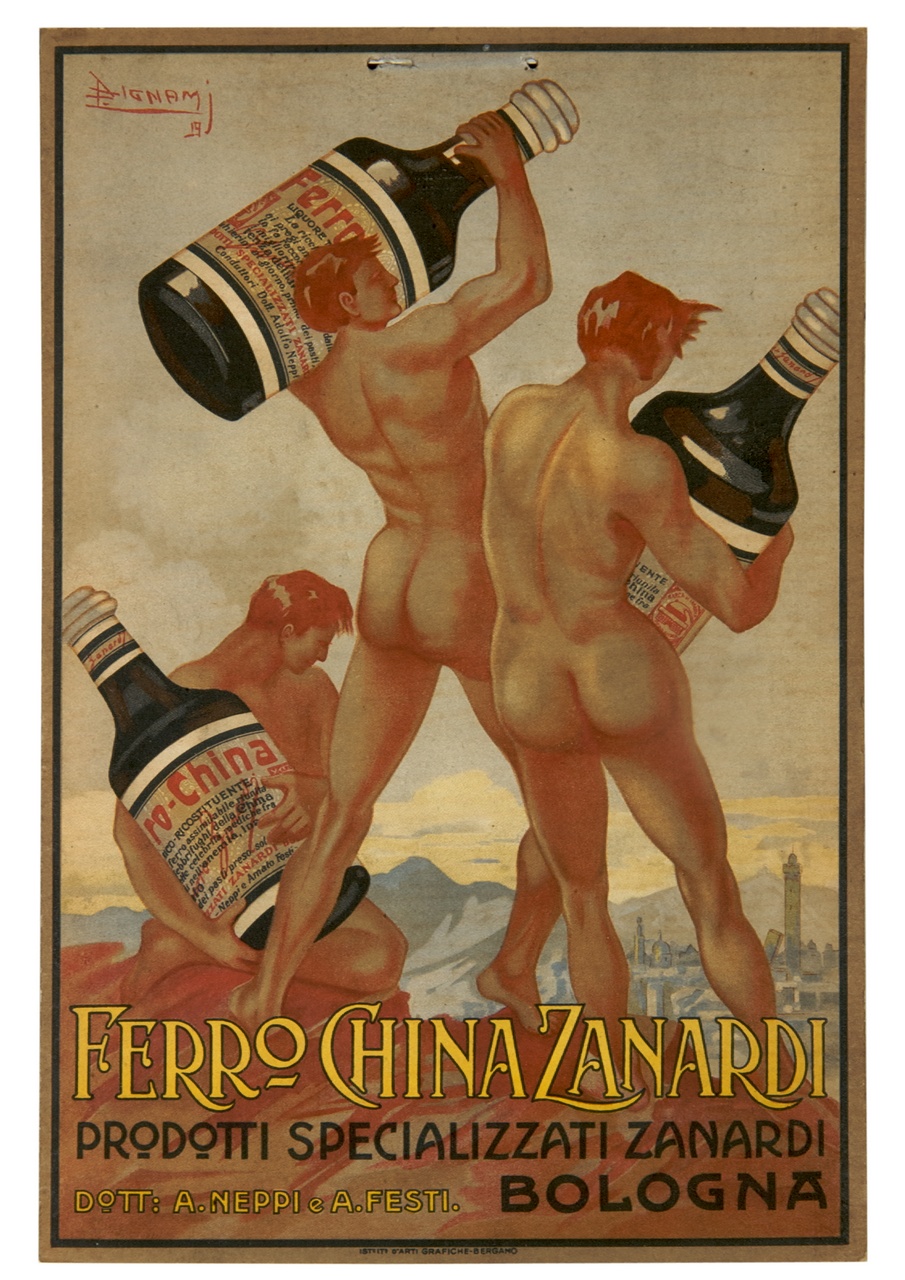 tre uomini nudi di spalle reggono tre grandi bottiglie (locandina) di Bignami Vespasiano (sec. XX)