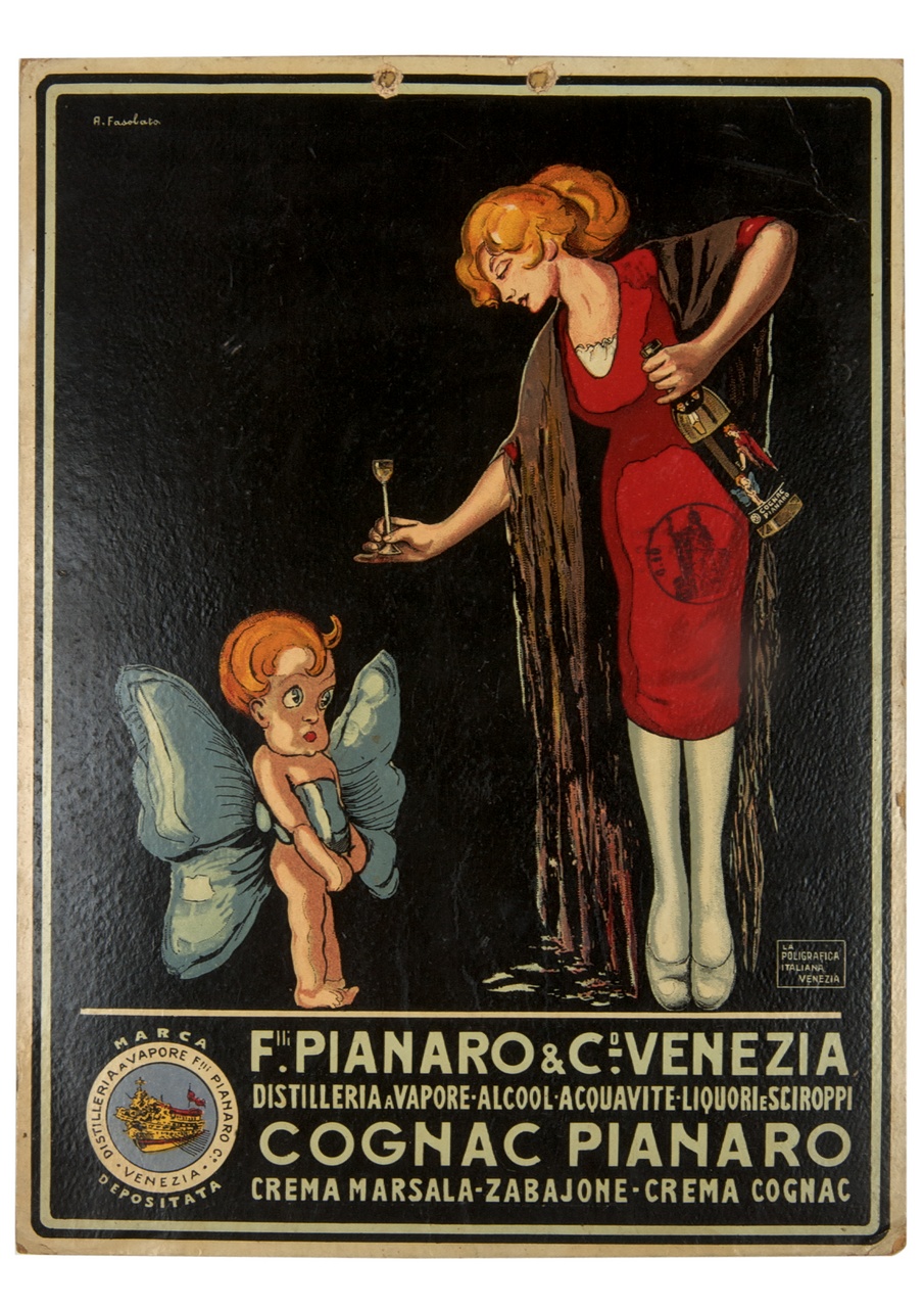 donna porge bicchierino di liquore a bambino nudo avvolto in grande fiocco (tabella) di A. Fasolato - ambito italiano (sec. XX)