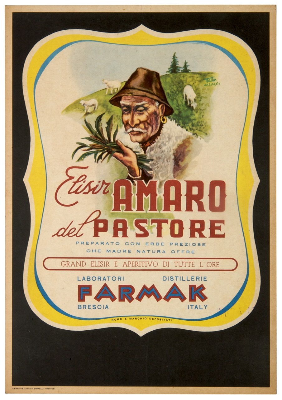 pastore annusa un piccolo fascio d'erbe con pecore sullo sfondo (locandina) di TMüller - ambito italiano (sec. XX)