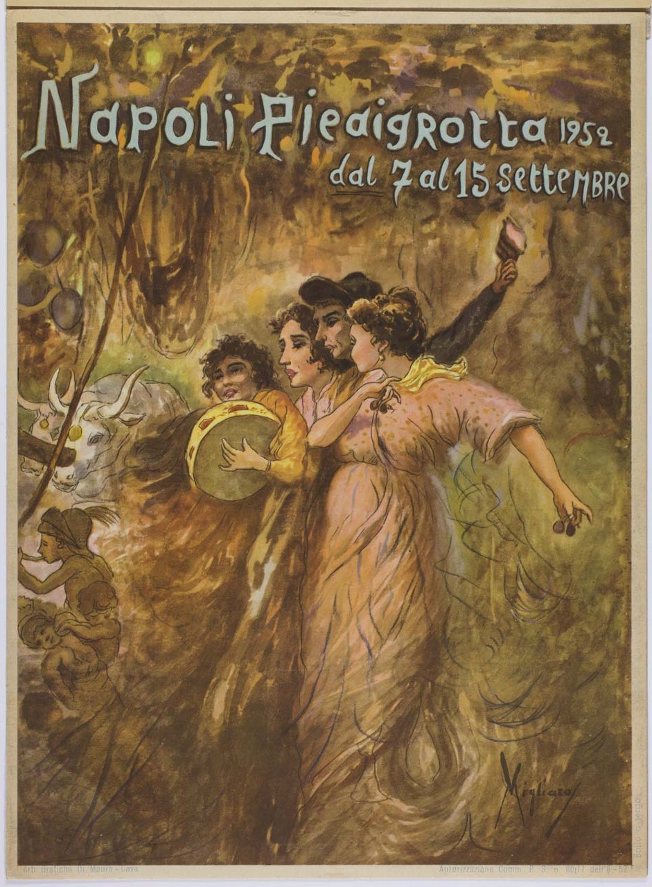 tre donne e un uomo suonano e cantano alla luce dei fuochi d’artificio (locandina) di Migliaro Vincenzo (sec. XX)