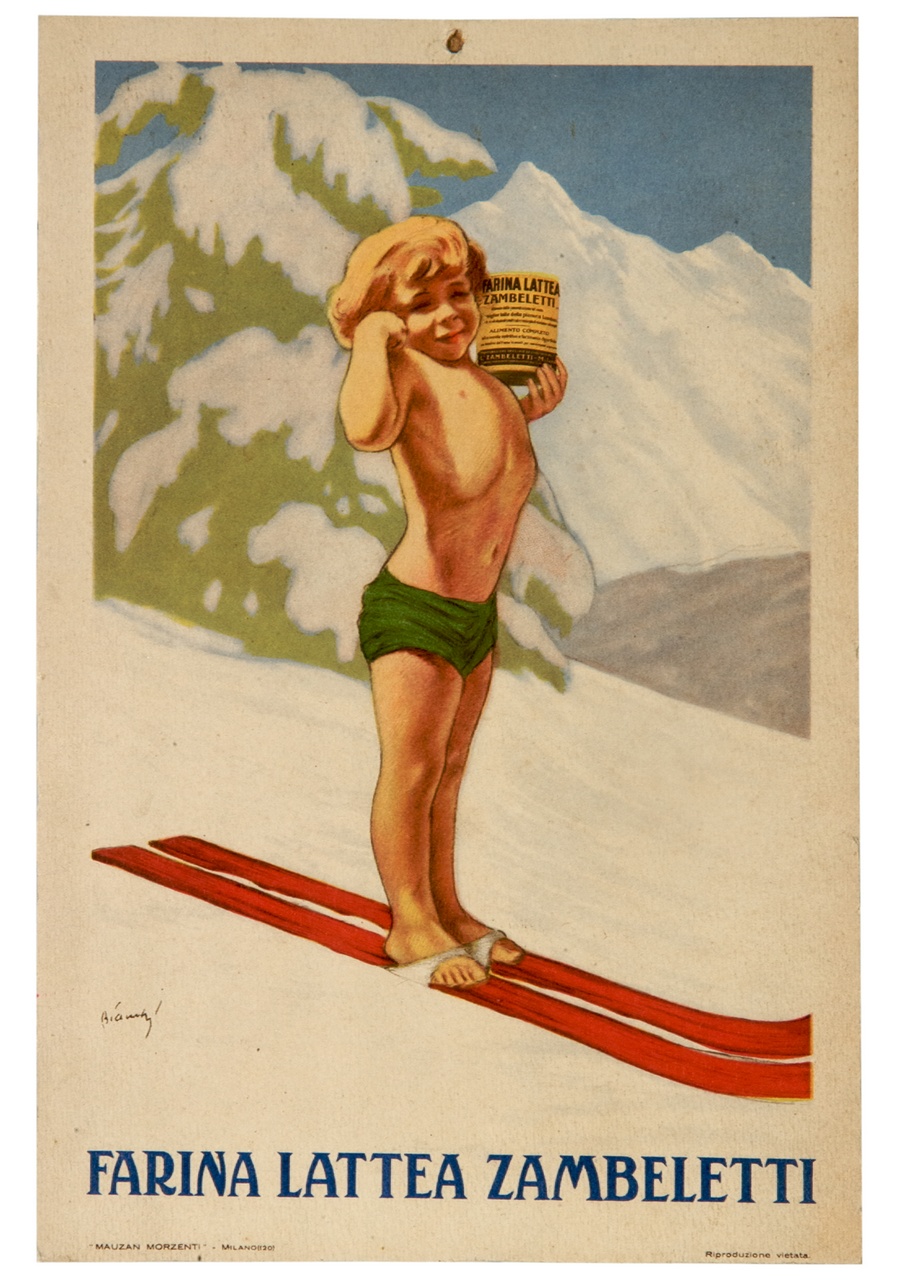 bambino nudo su sci sorregge un barattolo in paesaggio innevato (locandina) di Bianchi Alberto (sec. XX)