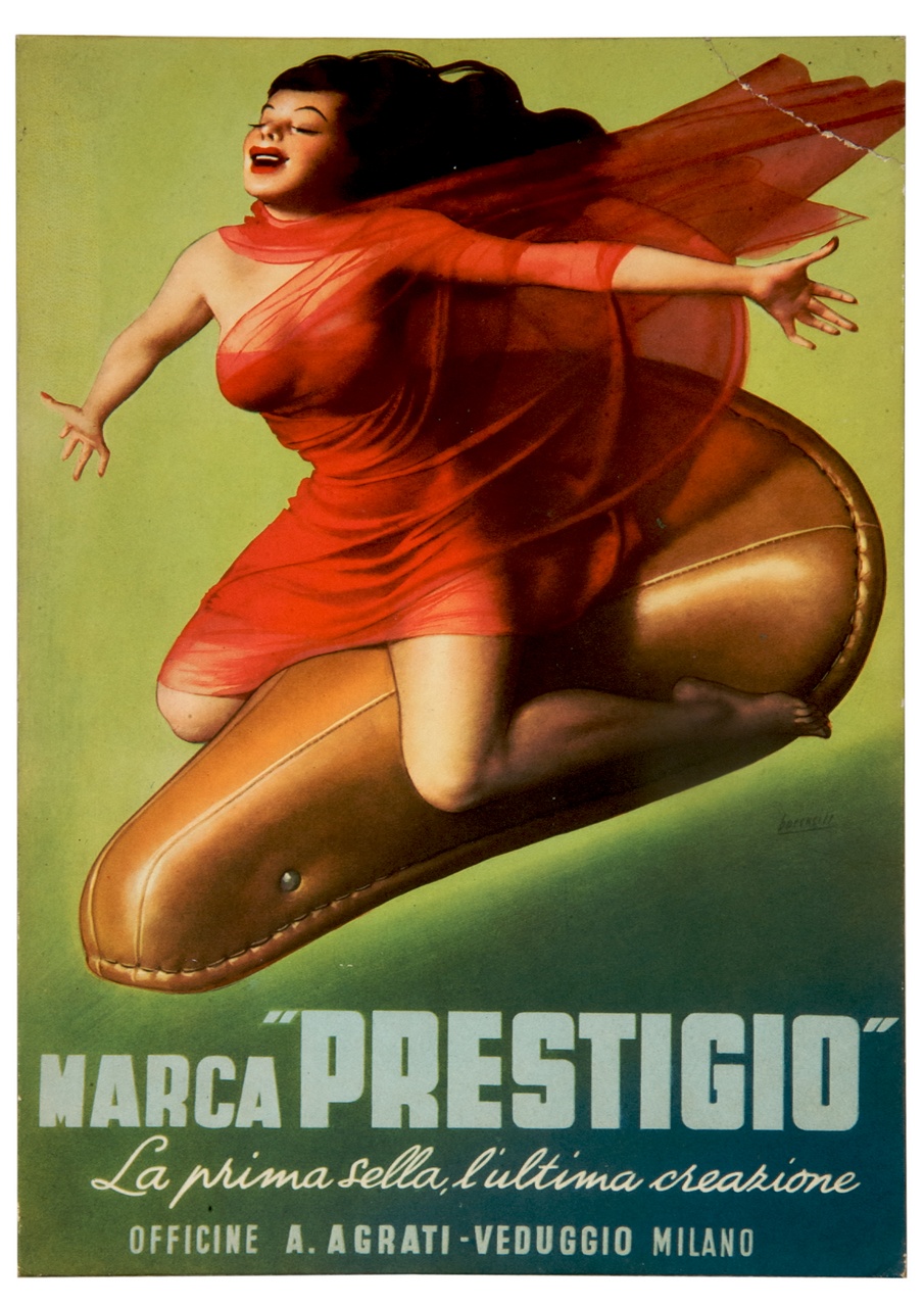 donna su grande sellino da bicicletta (locandina) di Boccasile Gino (sec. XX)