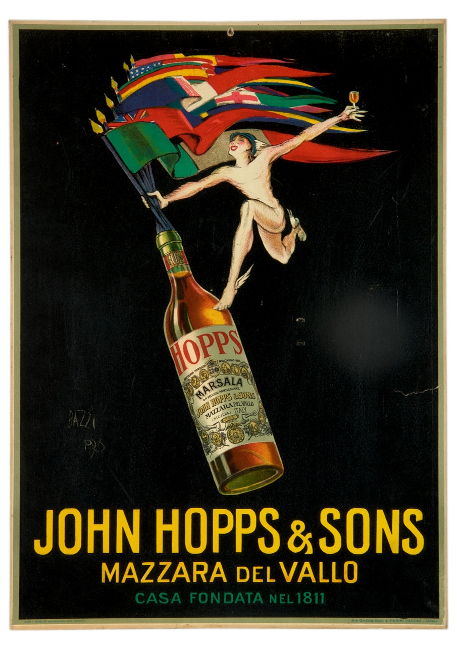 genio alato innalza un bicchiere e inserisce le bandiere degli Stati d’Europa in una bottiglia (locandina) di Bazzi Mario (sec. XX)