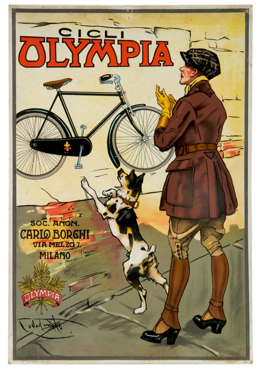 donna e cane guardano la reclame di una bicicletta (locandina) di Codognato Plinio (sec. XX)