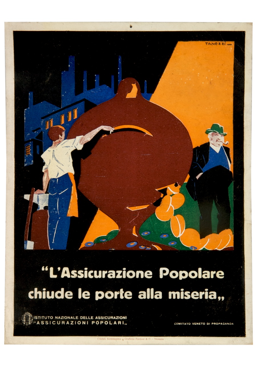 artigiano crea una crepa nel salvadanaio e favorisce l’uscita di monete (locandina) di Tanozzi Gorgon (sec. XX)