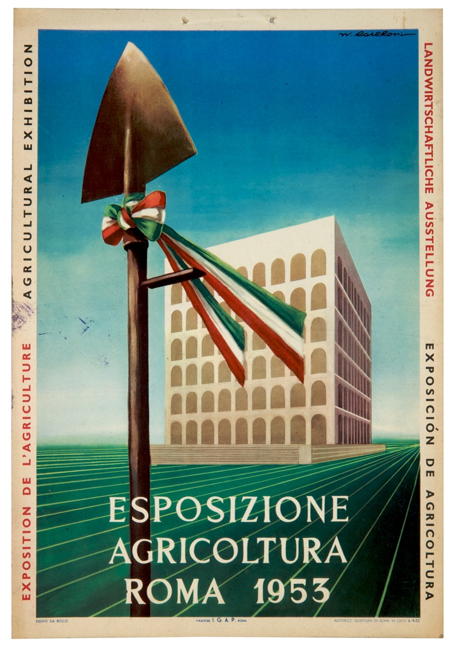 badile verticale cinto da nastro tricolore fissato al Palazzo della Civiltà Italiana di Roma (locandina) di Roveroni Walter (sec. XX)