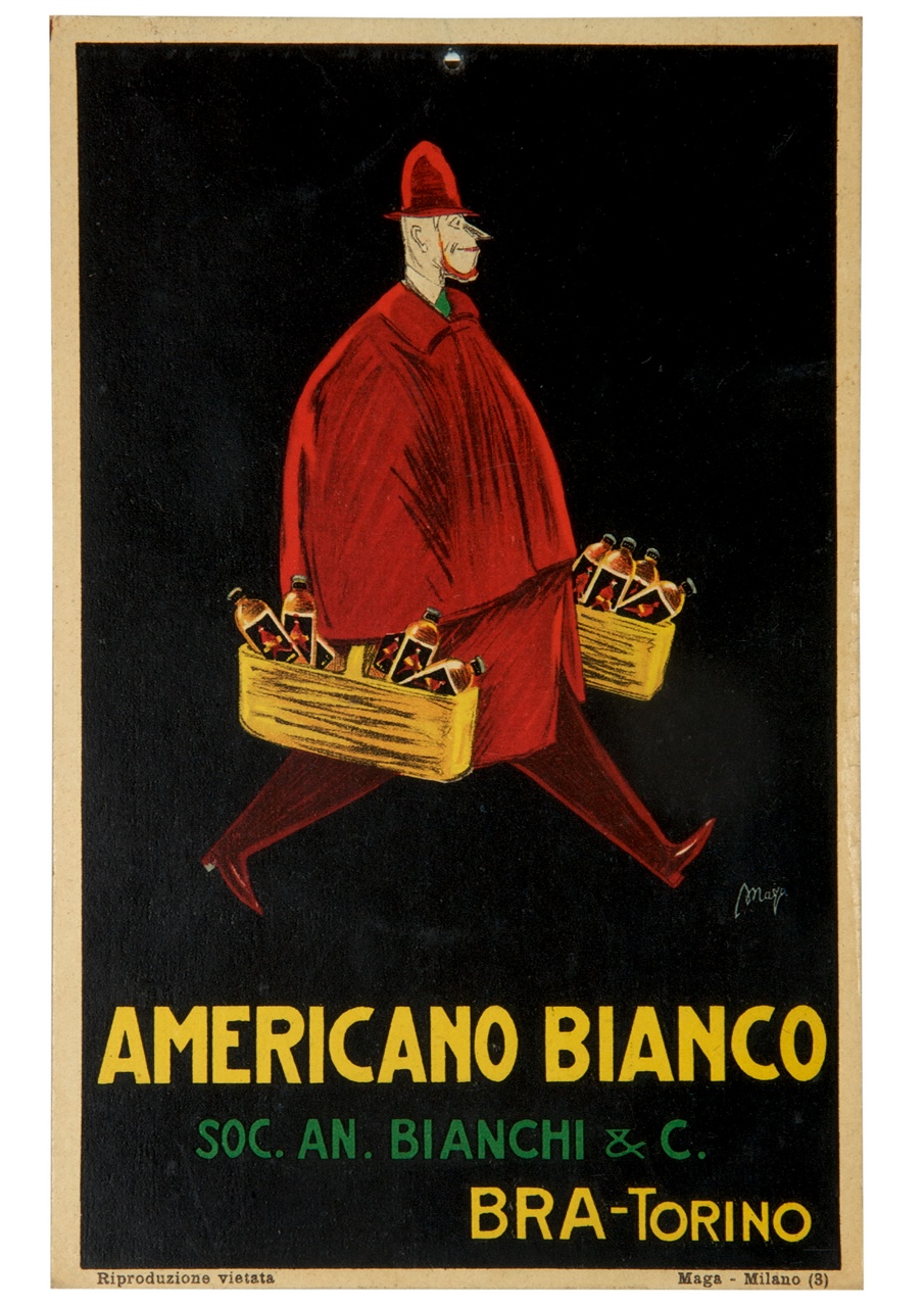 figura maschile con impermeabile e cappello rossi trasporta due ceste di bottiglie (locandina) di MAGA (sec. XX)