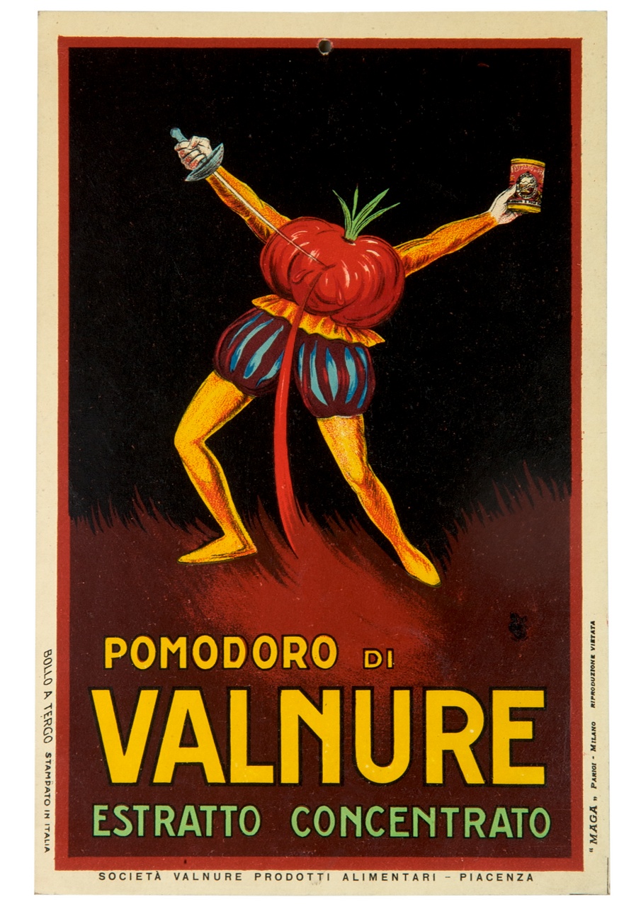 personaggio di fantasia con corpo a forma di pomodoro si trafigge con un fioretto e reca in mano una confezione di estratto di pomodoro (locandina) di MAGA (sec. XX)