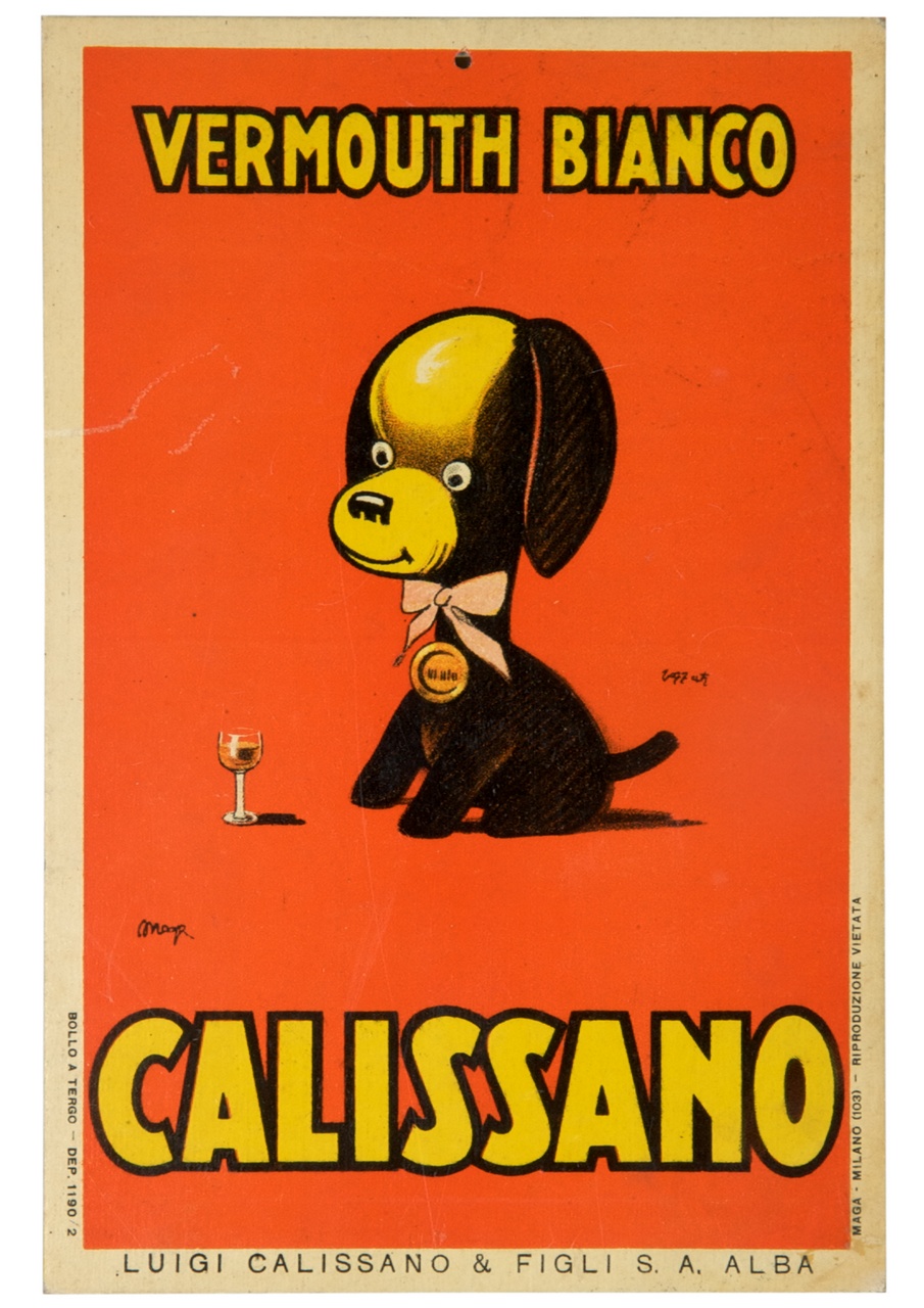 cane con fiocco al collo seduto davanti ad un bicchierino di vermouth (locandina) di Pozzati Severo detto Sepo, MAGA (sec. XX)