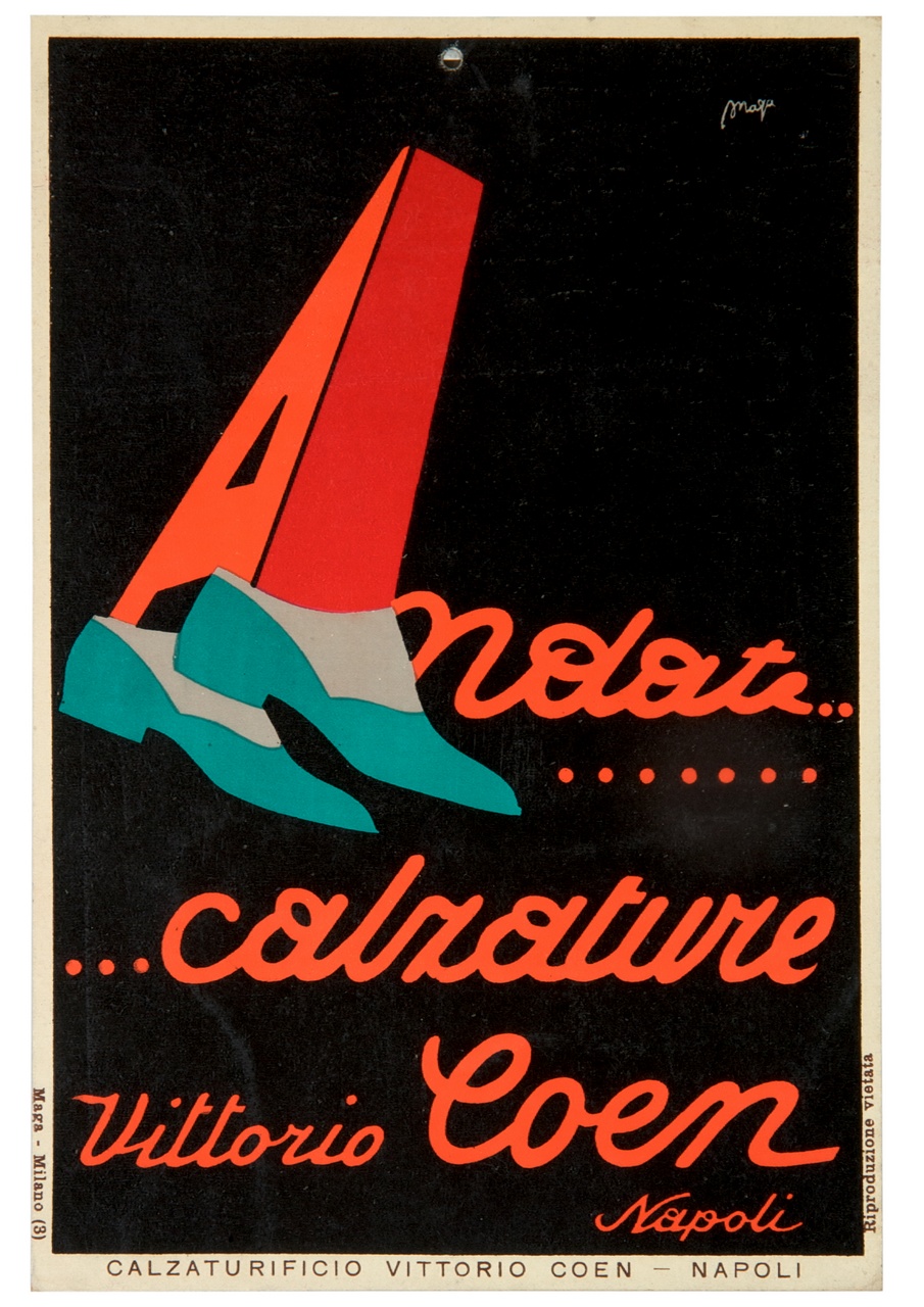 un paio di scarpe da uomo sormontate da una grande A rossa e scritta pubblicitaria (locandina) di MAGA (sec. XX)