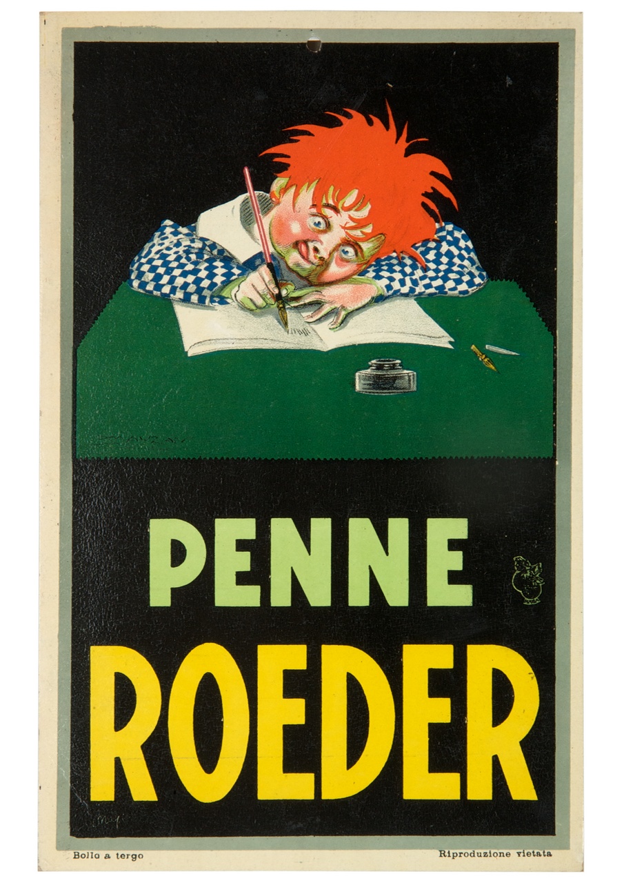 = bambino con capelli rossi e casacca a quadri traccia segni con una penna su un quaderno (locandina) di Mauzan Achille Luciano, MAGA (sec. XX)