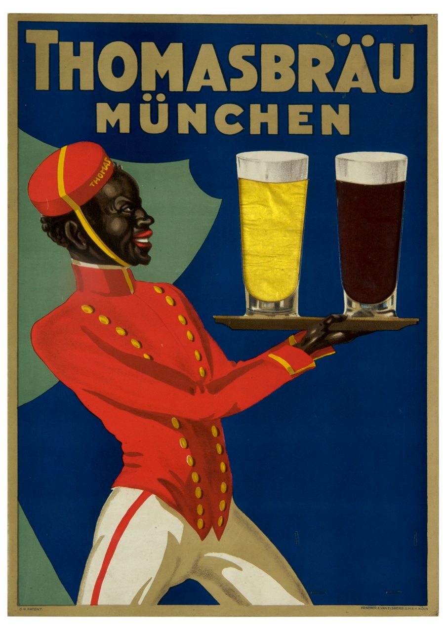 cameriere di colore in livrea sorregge un vassoio con due birre (locandina) - ambito tedesco (sec. XX)