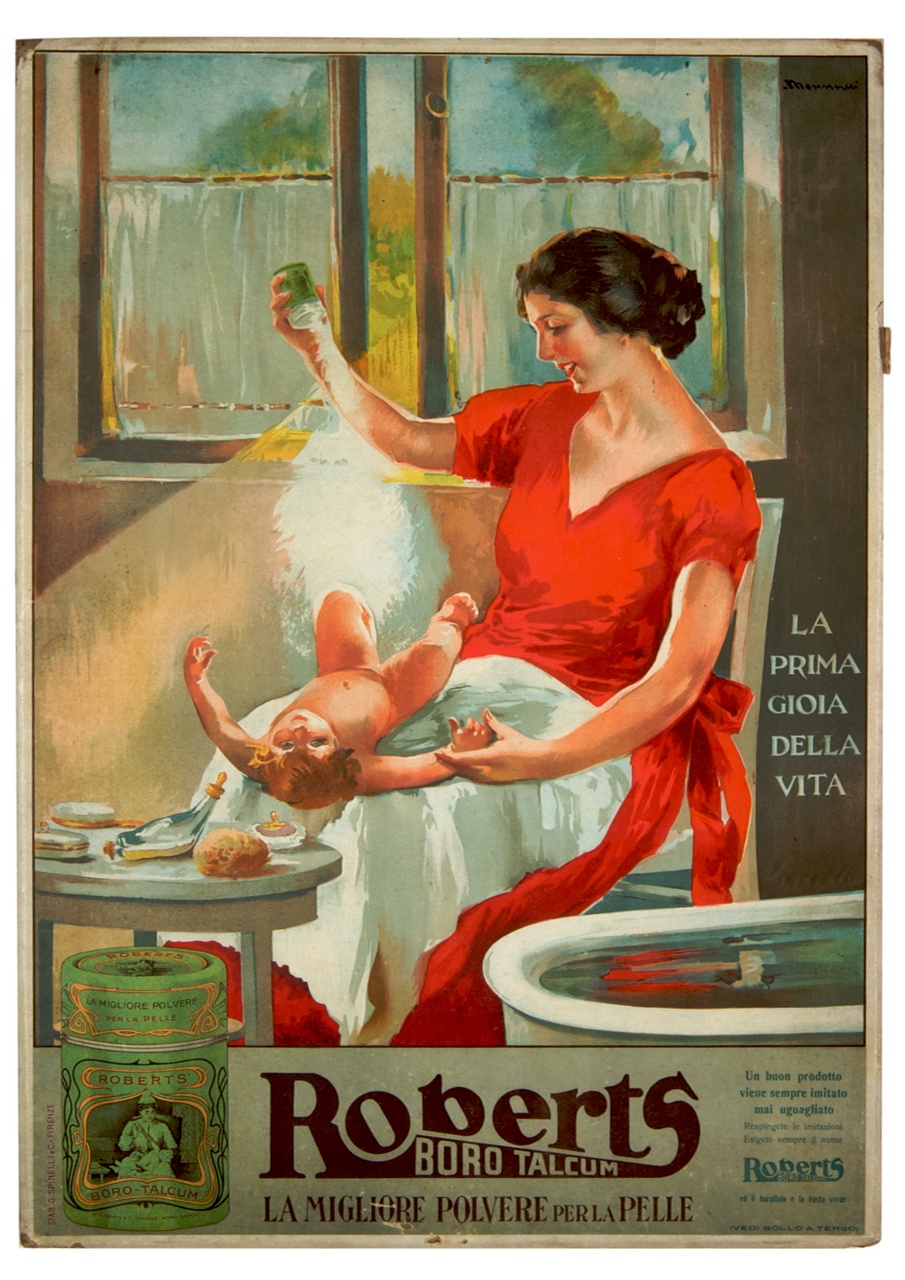 mamma impolvera di borotalco la sua bambina dopo il bagno (locandina) di Mannucci Cipriano (sec. XX)