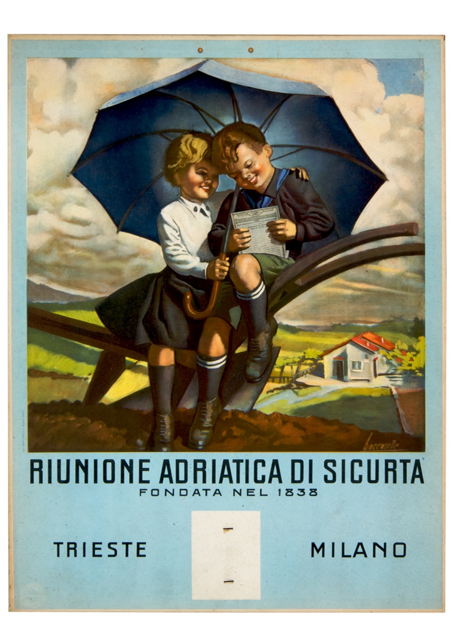due bambini abbracciati sotto un ombrello leggono seduti su aratro (locandina) di Boccasile Gino (sec. XX)