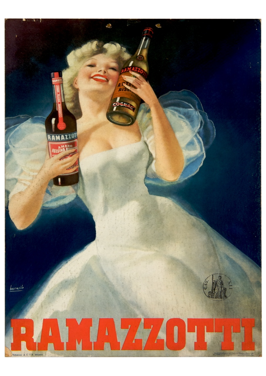 donna sorridente in abito bianco stringe tra le mani due bottiglie (locandina) di Boccasile Gino (sec. XX)