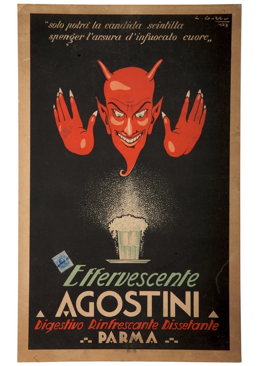 bicchiere ricolmo di bollicine osservato da un diavolo (locandina) di Gobbo Cesare (sec. XX)