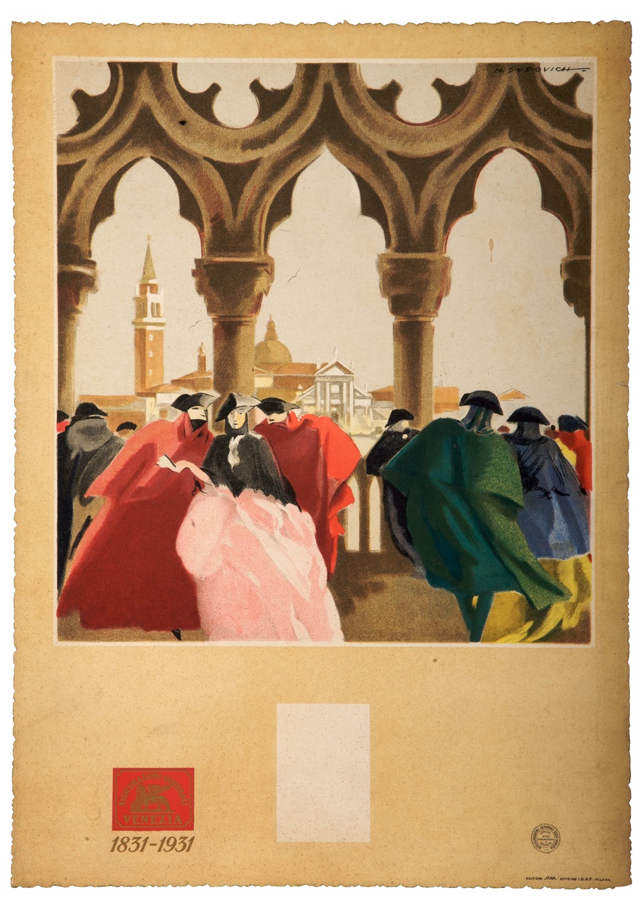 Fantasia veneziana, personaggi in maschera sul loggiato di Palazzo Ducale con l'isola di San Giorgio Maggiore sullo sfondo (calendario) di Dudovich Marcello (sec. XX)