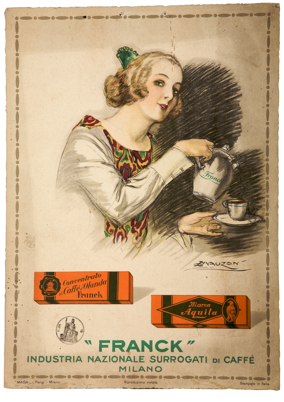 donna versa il caffè in una tazzina (locandina) di Mauzan Achille Luciano (sec. XX)