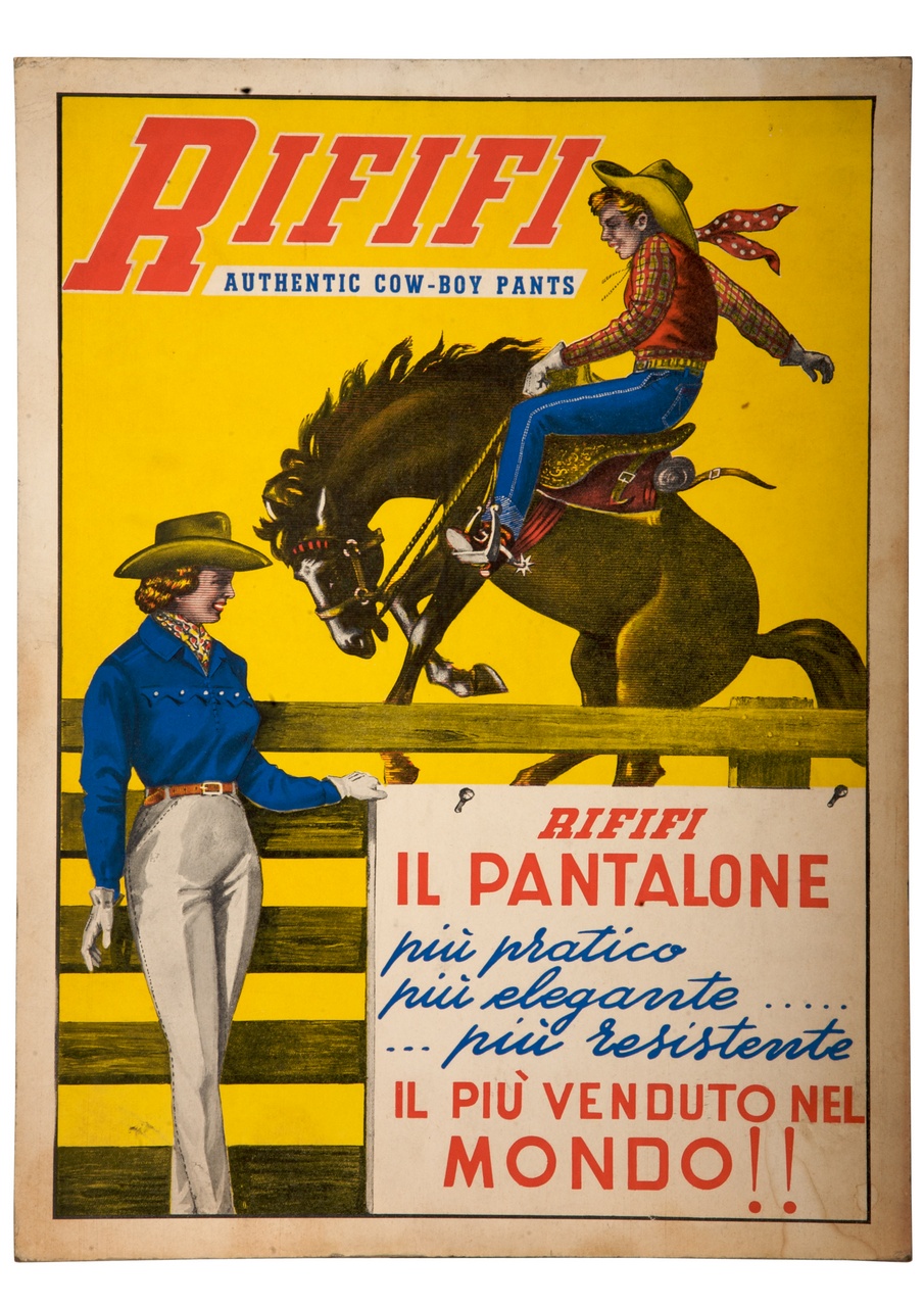 cow boy doma un cavallo all'interno del corral e una donna all'esterno tiene un cartello (locandina) - ambito italiano (sec. XX)