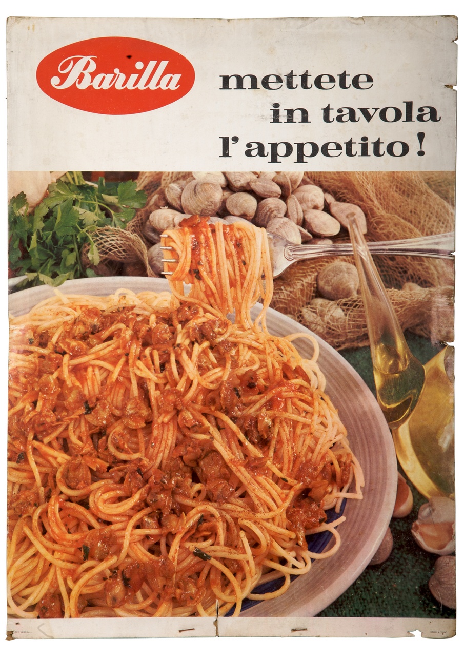 piatto di spaghetti alle vongole (locandina) - ambito italiano (sec. XX)