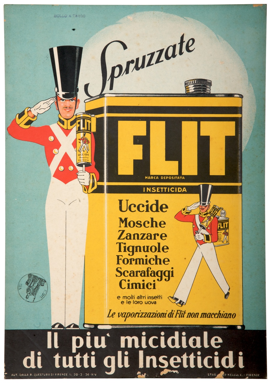 soldatino dell'esercito napoleonico tiene una pompetta di insetticida (locandina) - ambito italiano (sec. XX)