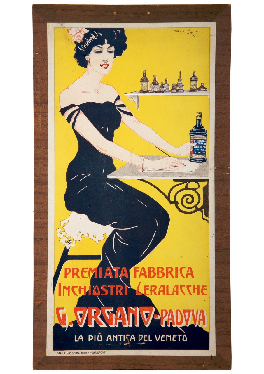 donna seduta in abiti eleganti scrive appoggiata a una mensola (locandina) di Bauzon Antonio (sec. XX)