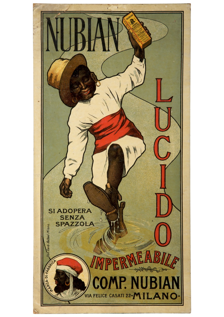 bambino di colore con stivaletti gioca saltellando in una pozza d'acqua (locandina) di Vaccari Alfredo (sec. XIX)