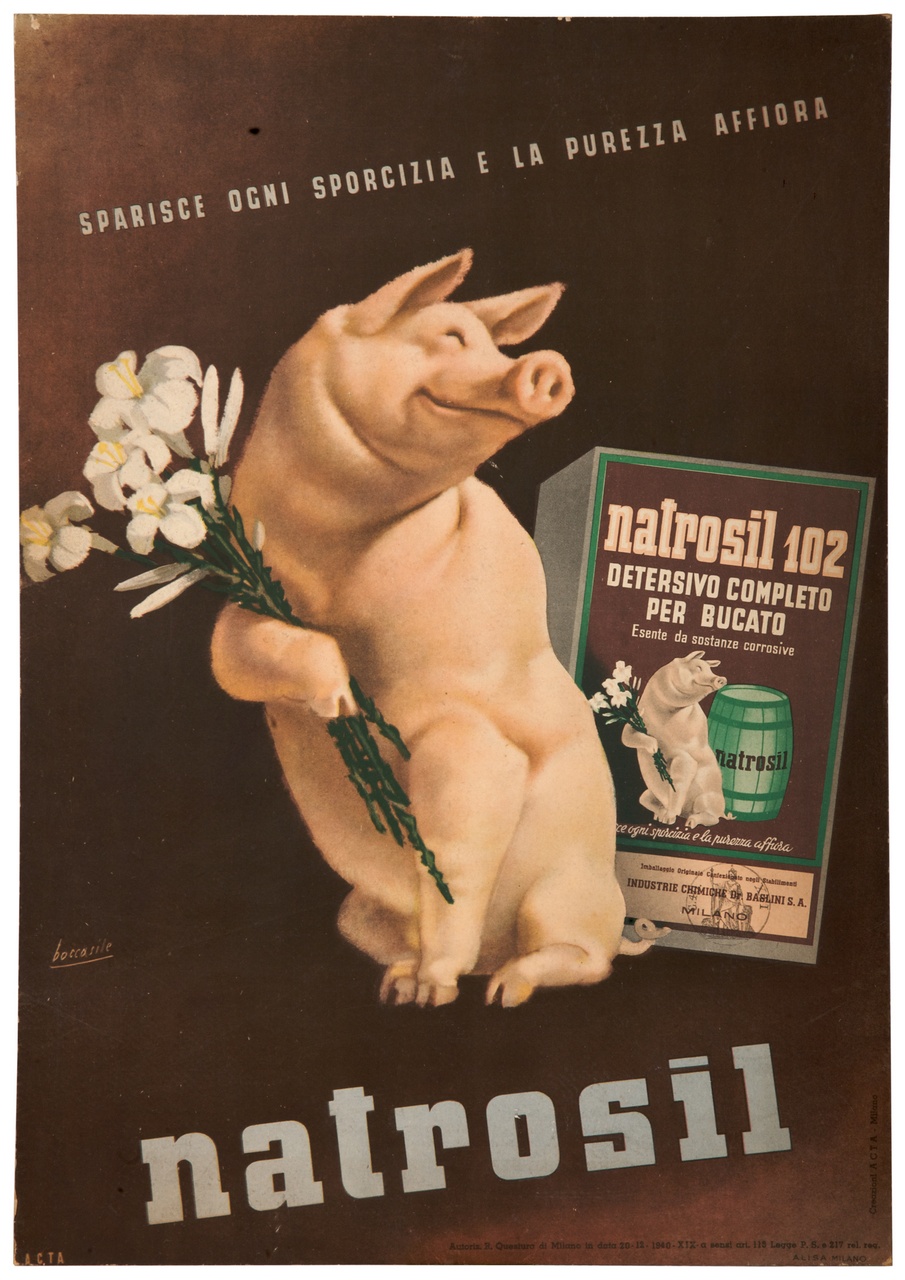 maiale sorridente tiene tra le zampe un mazzo di fiori (locandina) di Boccasile Gino (sec. XX)