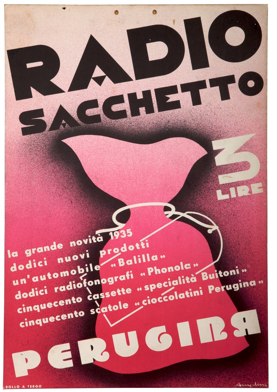 sacchetto trattenuto da spago e scritte (locandina) di Angelini Gianni (sec. XX)