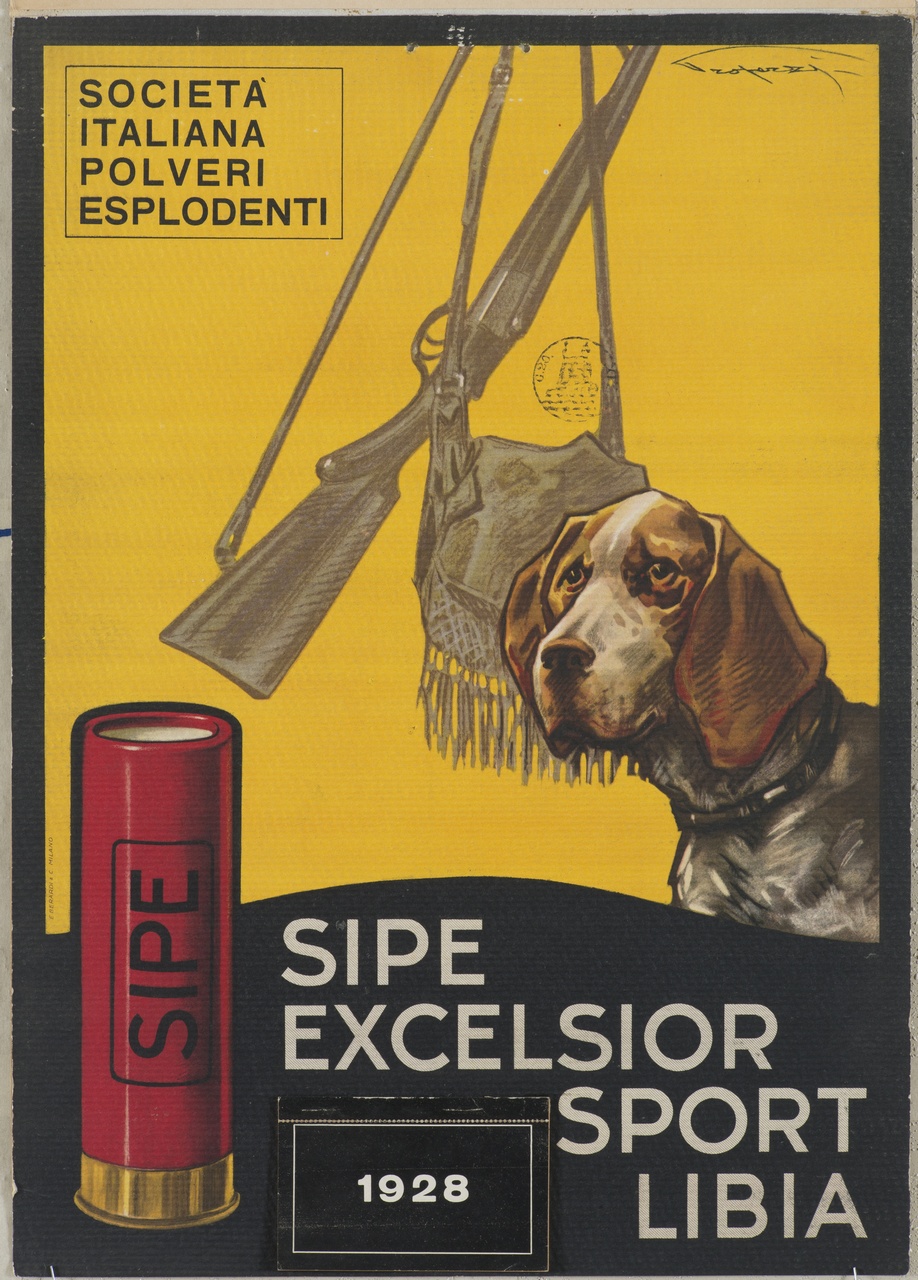cane da caccia sullo sfondo di un fucile e di una borsa carniere (calendario) di Properzi Sandro (sec. XX)