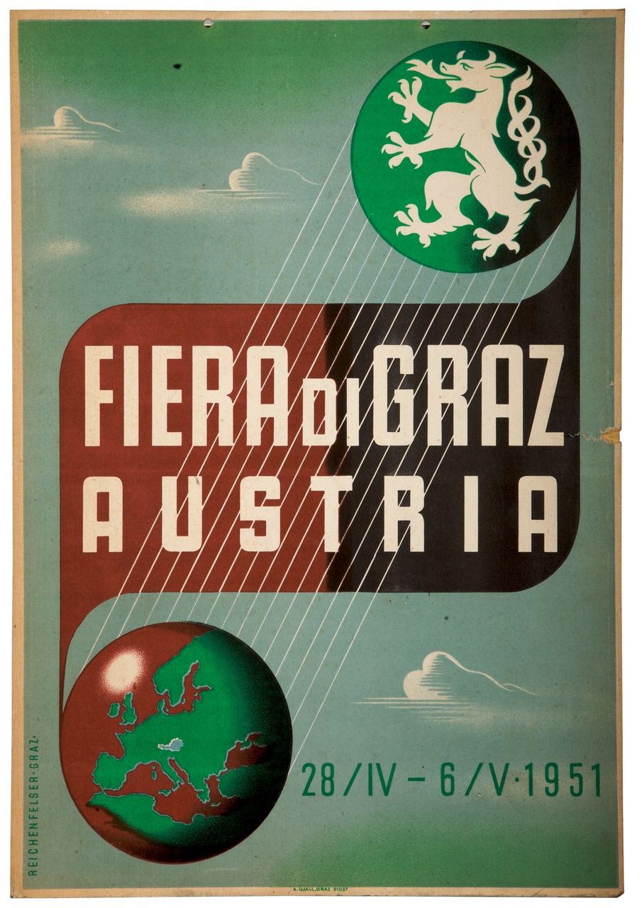 stemma della città di Graz e mappa dell'Europa sullo sfondo di un cielo azzurro (locandina) di Reichenfelser Heinz (sec. XX)