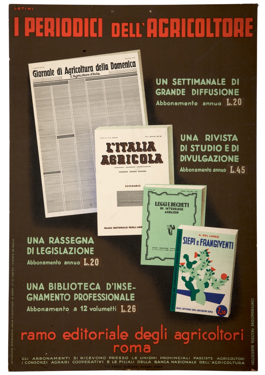 libri, rivista e giornale su fondo nero tra scritte (locandina) di Latini Giuseppe (sec. XX)