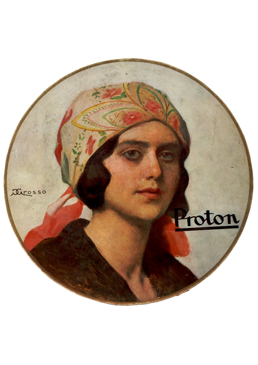 ritratto a mezzo busto di donna con foulard in testa (locandina) di Grosso Giacomo (sec. XX)