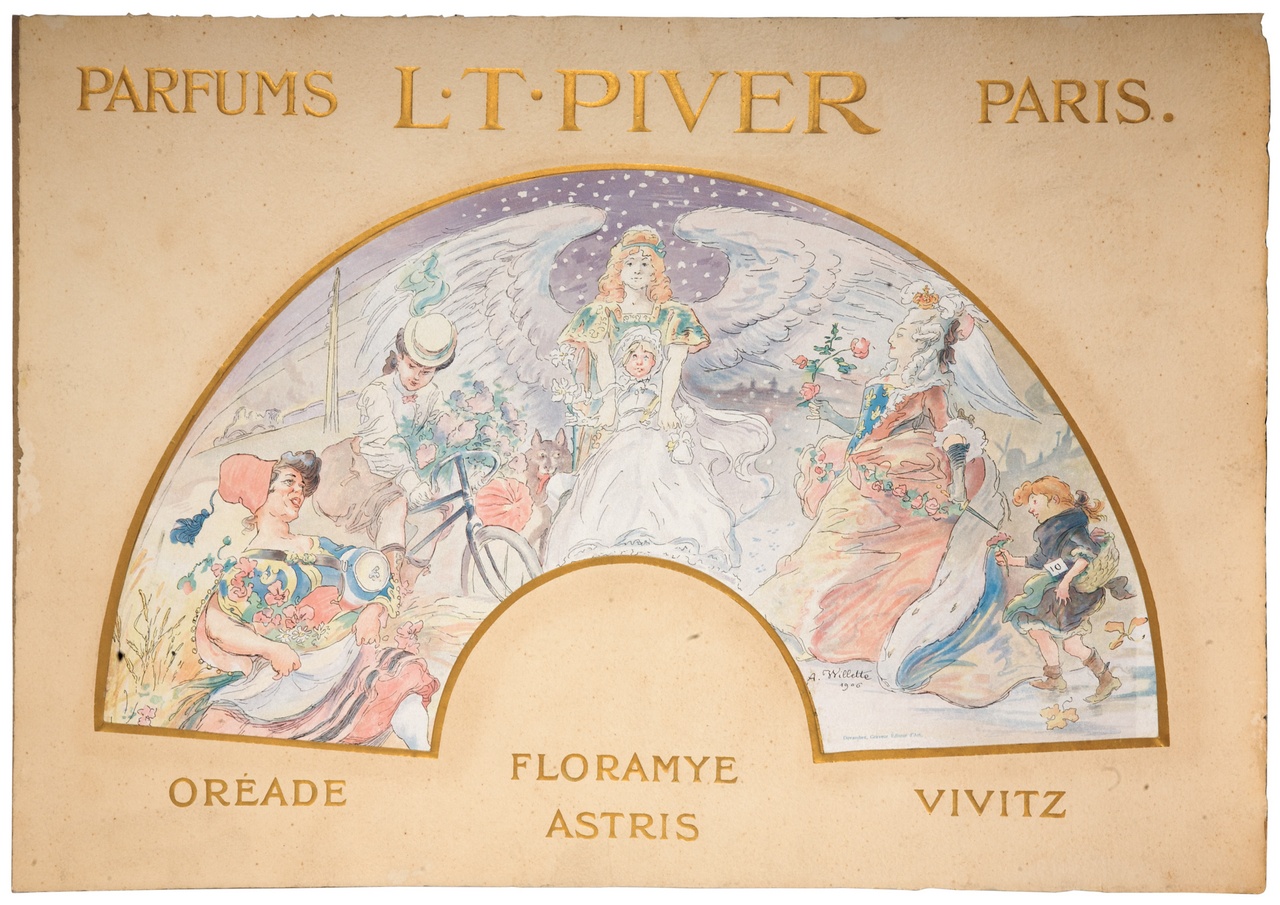 angelo con neonato in grembo affiancato da donne e bambina mentre offrono fiori (locandina) di Willette Adolphe Léon (sec. XX)