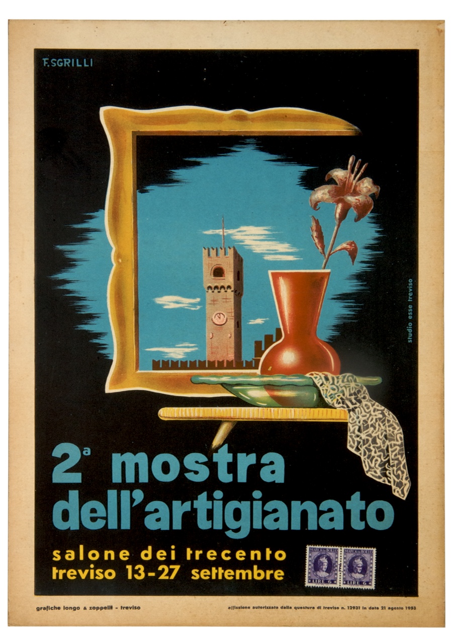 Torre Civica di Treviso inquadrata da una cornice con alcuni oggetti di artigianato in primo piano (locandina) di Sgrilli Franco (sec. XX)