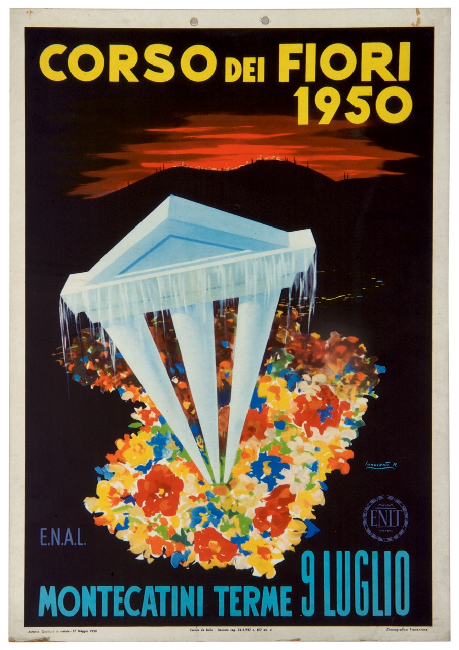 colonne e timpano escono da mazzi di fiori sullo sfondo di un tramonto (locandina) di Innocenti Otello Mauro detto Maro (sec. XX)