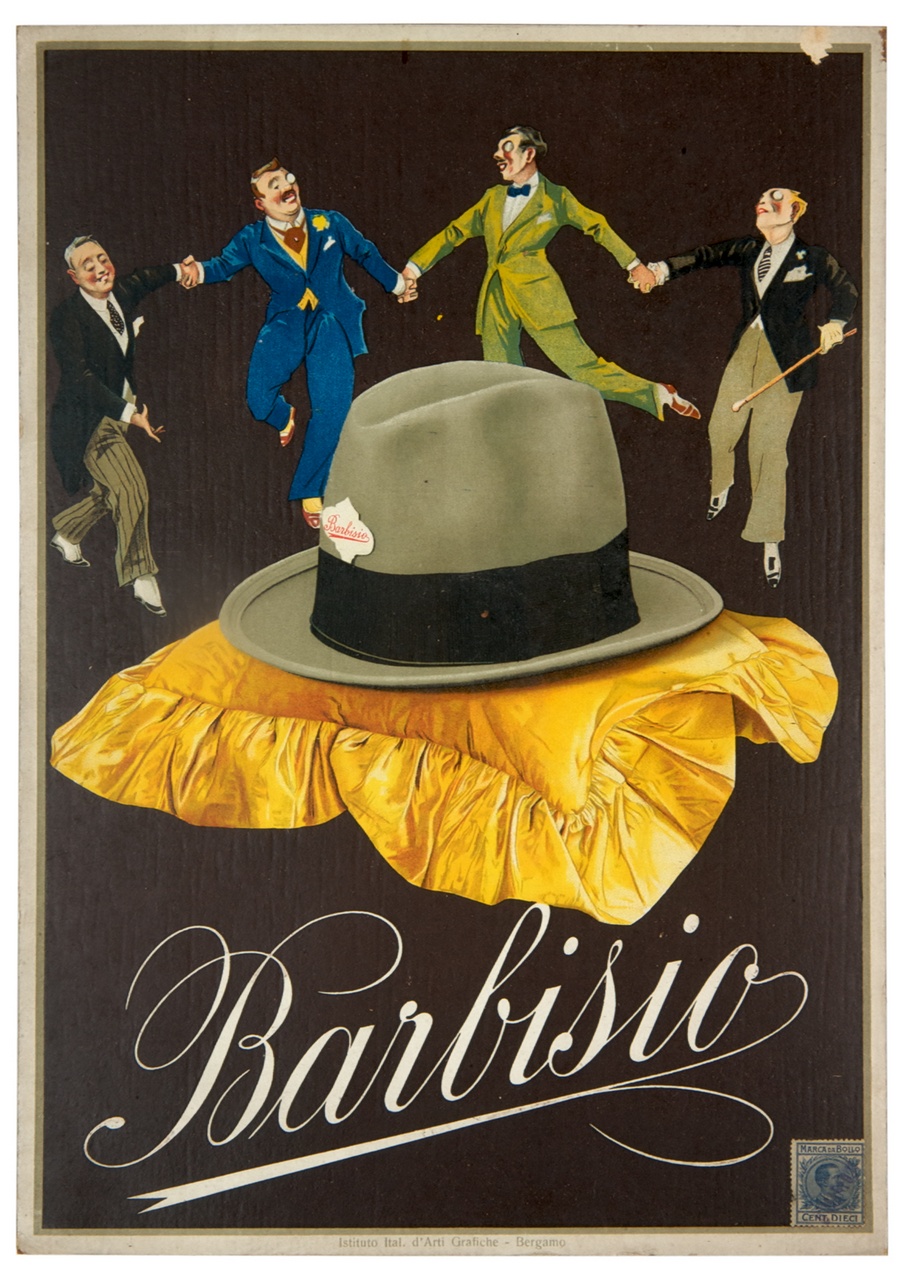 quattro uomini che si tengono per mano attorno a un cappello (locandina) di Cappadonia Giuseppe (primo quarto sec. XX)