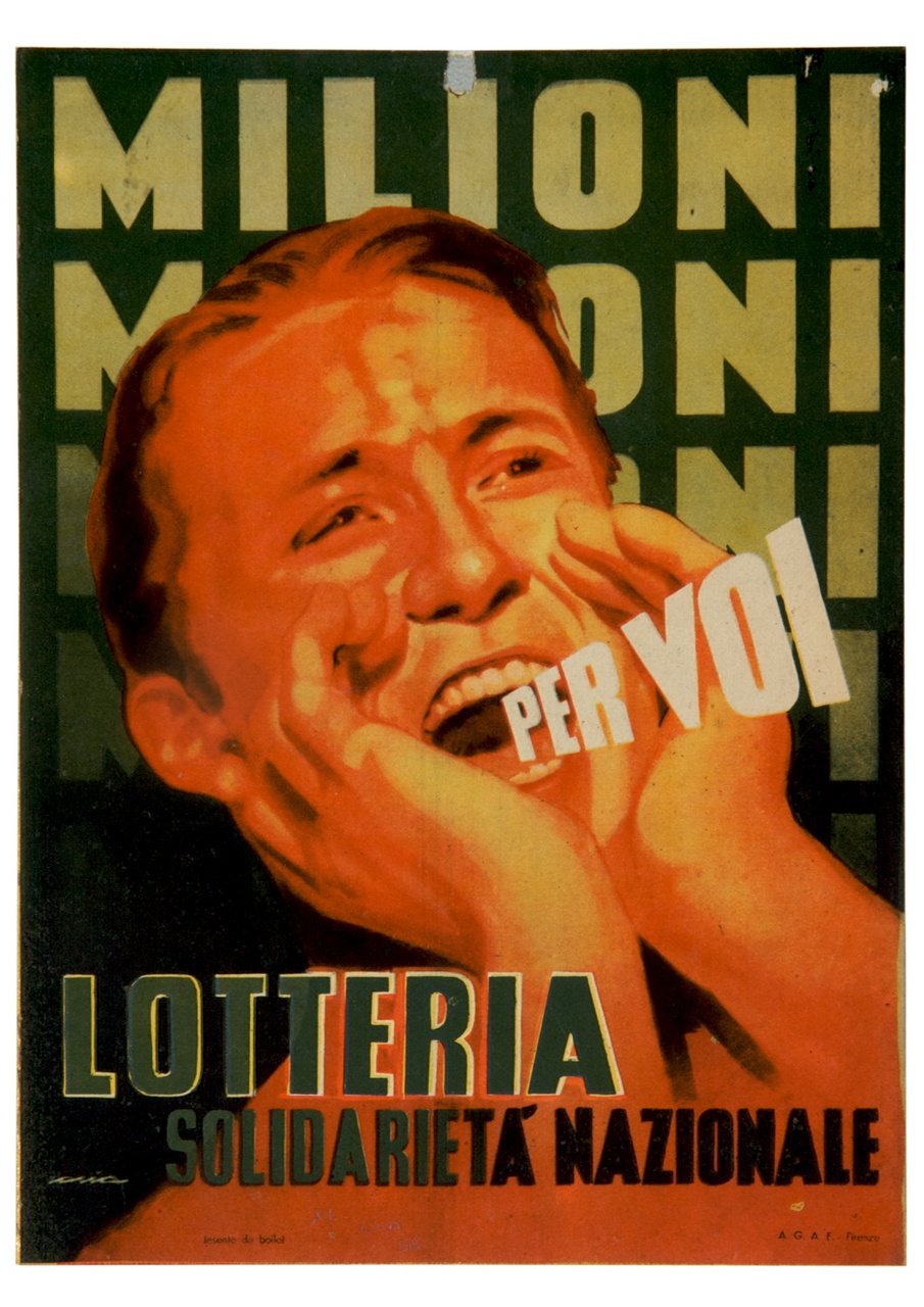 viso maschile dalla cui bocca esce PER VOI, sullo sfondo scritte pubblicitarie (locandina) - ambito italiano (prima metà sec. XX)