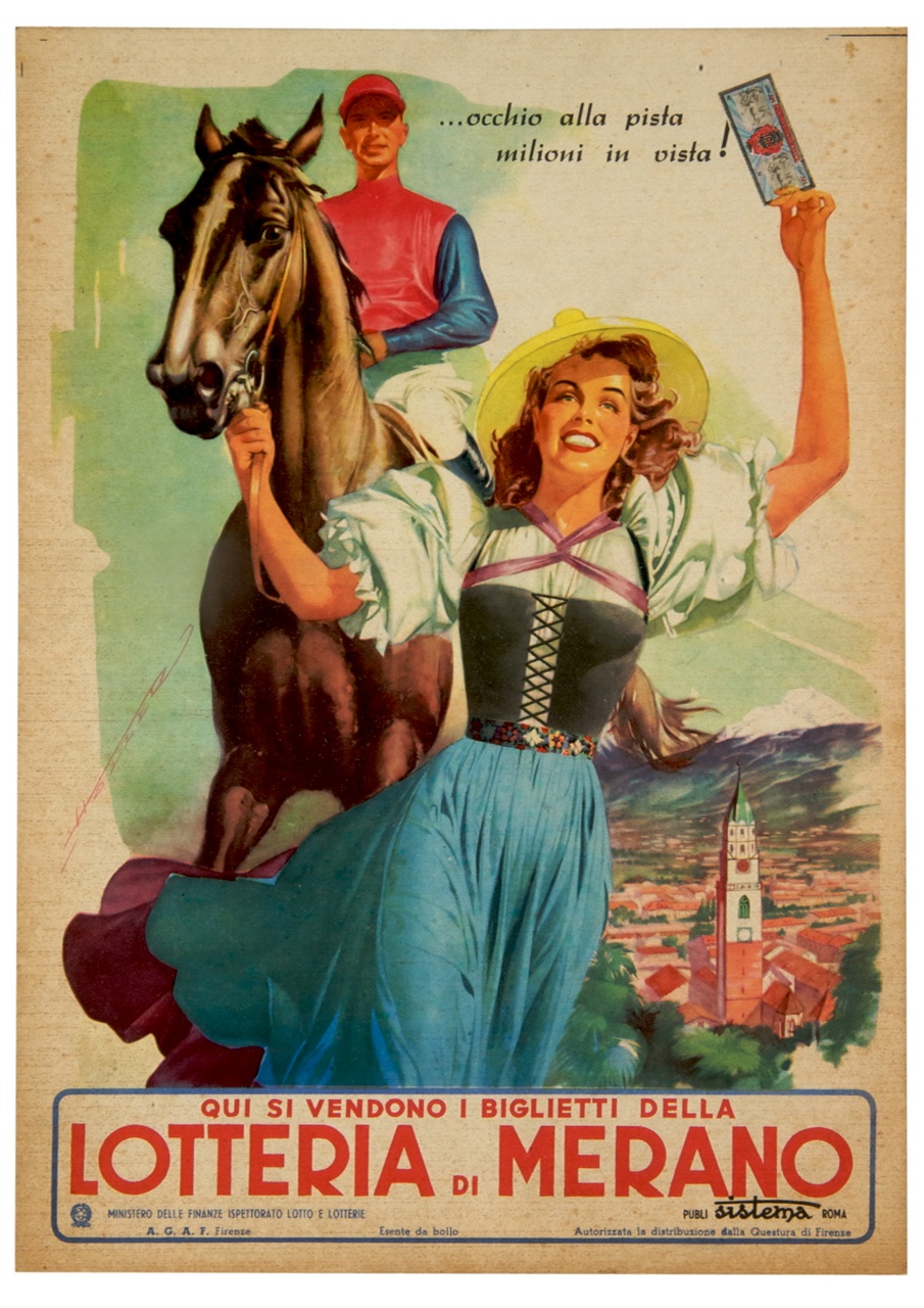 donna in abito tradizionale tirolese sventola un biglietto della lotteria e conduce per le briglie un cavallo con fantino, sullo sfondo paesaggio di montagna (locandina) di Holzer (sec. XX)